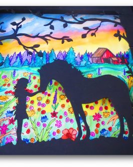 Shadow box – watercolor background – girl(s) and horse